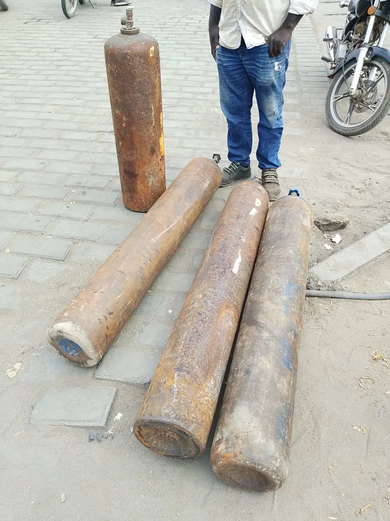 Welding gas cylinders ready for a job on board
